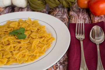 pasta meal on a wood background.