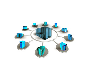Concept of Data center connectivity. This illustrates different enterprise systems connecting to a Datacenter for accessing different services includes ERP,CRM,web, distributed and mobile applications