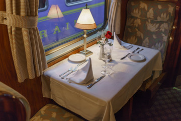 Dining table in first class train car, Machu Picchu, Cusco Region, Urubamba Province, Machupicchu District, Peru