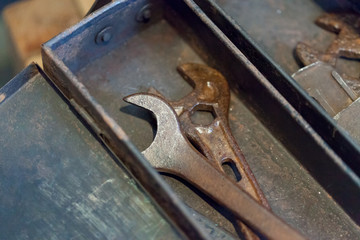 Close-up of rustic spanner in box