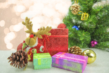 Christmas present gift boxes on wood floor. Merry Christmas and Happy New Year.