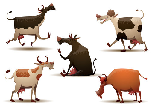 Vector Funny cows set. Cartoon image of five funny cows of different colors and various poses on a light background.