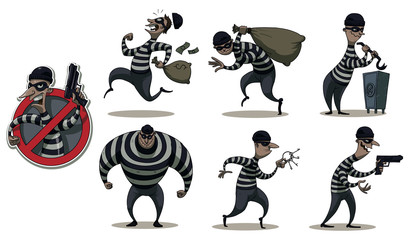 Vector cartoon image of a colored set of differents retro robbers in black masks, striped dress and with different attributes of theft in the hands on a white background. © Ivan Nikulin
