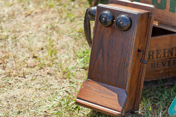 Close-up of an antique landline phone for sale at flea market