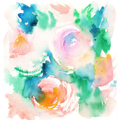 sketch of pink flowers, roses, abstract watercolor background