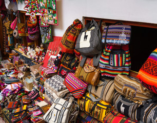 Handbags in shop, Machu Picchu, Cusco Region, Urubamba Province, Machupicchu District, Peru