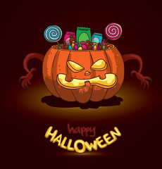 Vector cartoon Image of Halloween orange angry pumpkin as a basket with different colorful candies on a brown background. In the theme of Halloween. 