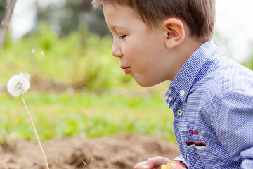 Profile view of a boy blowing seeds off dandelion