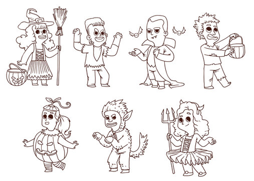 Vector Children in costume for Halloween, line art. Line cartoon image of seven funny children boys and girls in various costumes for Halloween on a white background.
