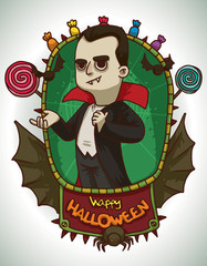 Vector card with green oval frame with a red banner with black bat wings, black spider and different colored candies with cartoon image of a funny boy in Dracula costume on a light background.