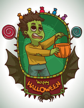Vector card with green oval frame with a red banner with black bat wings, black spider and different colored candies with cartoon image of a funny boy in Zombie costume on a light background.