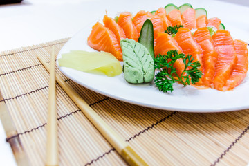 Salmon sashimi Japanese food serve with Wasabi, pickled ginger and radish