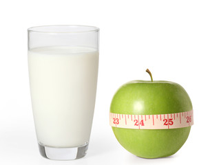 apple  and milk on a white background..