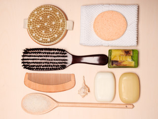 Fototapeta na wymiar Set for care of skin body, bath accessories