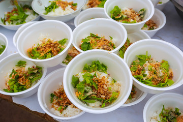 Boiled rice pork or mush for thai style breakfast.
