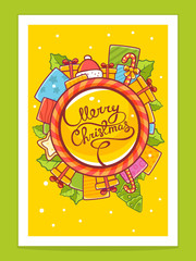 Vector illustration of red and yellow christmas items around wor