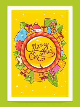 Vector illustration of red and yellow christmas items around wor