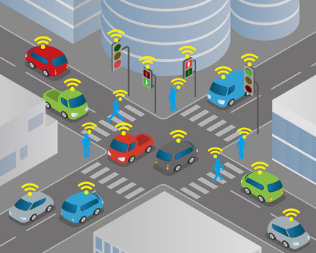 Traffic and wireless network, Intelligent Transport Systems, Internet of Things, vector illustration