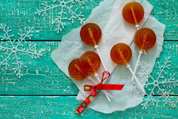 Candy lollipop on a stick ball, Christmas background