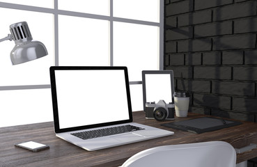 Fototapeta premium 3D illustration laptop and work stuff on table near brick wall, Workspace