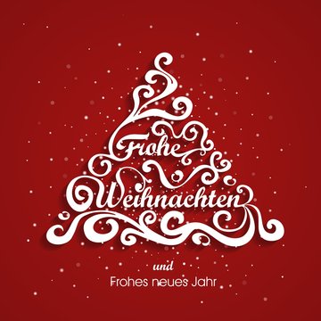 Frohe Weihnachten und Frohes neues Jahr - Weihnachtsbaumgrafik geschwungen verschnörkelt Retro rot weiß Schneeflocken