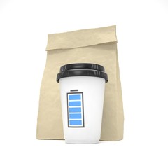Coffee to go and lunch bag, on white.