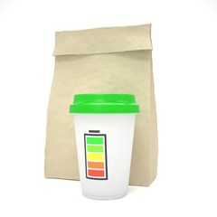 Coffee to go and lunch bag, on white.