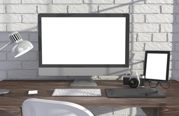 Fototapeta premium 3D illustration PC screen on table in office, Workspace