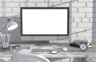 Fototapeta premium 3D illustration PC screen on table in office, Workspace