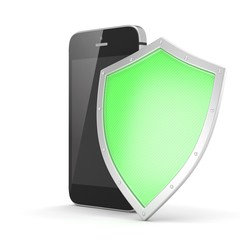 Smartphone and shield on white, security concept