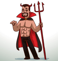 Vector cartoon image of a handsome man with black hair in black pants, red-and-black cloak and red horns on his head with a red trident in his hand on a light background.