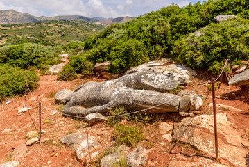 Marble Kouros is the type of the statue, a sample of ancient Greek art, Melanes village, Naxos island, Cyclades, Greece. - obrazy, fototapety, plakaty