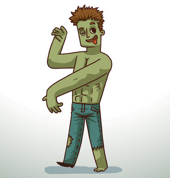Vector cartoon image of a handsome man with brown hair with green skin in blue ripped jeans on a light background. 