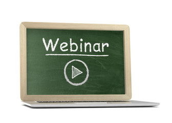  Laptop with chalkboard, video webinar, online education concept