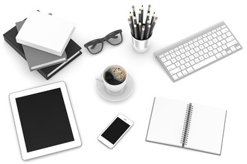 office stuff on table, workplace, top view