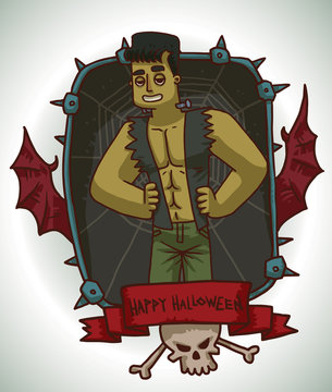 Vector card with a black rectangular frame with iron spikes, web, bat wings, red banner, white skull, crossbones, with cartoon image of a man in Frankenstein's monster costume on a light background.