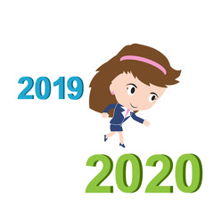 Happy business woman running from 2019 to 2020, new year success concept, vector
