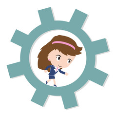 Happy business woman running on gear, business working concept