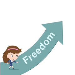 Happy business woman running on green arrow with word Freedom, road to success concept, presented in vector form