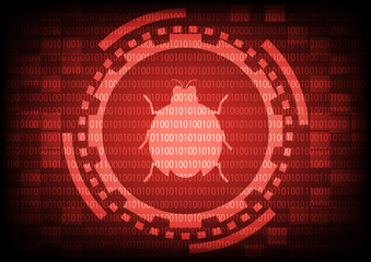 Red of ring and gears with malware bug a computer virus inside o