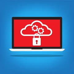 Laptop with a key lock on cloud gear on red desktop background .