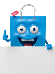 A blue shopping bag with a white placard
