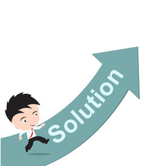 businessman happy to running on green arrow with word Solution, road to success concept, presented in vector form