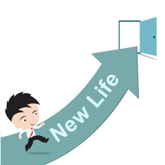 businessman happy to running on green arrow and open door with word New Life success concept, presented in vector form