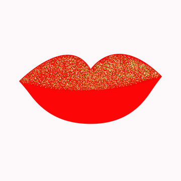 Big full thick red lips with gold glitter on white background. Isolated Flat design