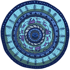 Vector Ethnic retro Christmas doodle round colored pattern with Santa and deers in the center and trees on the edges on a white background.