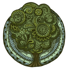 Vector Ethnic retro floral doodle round colored pattern with a tree in the center on a white background.