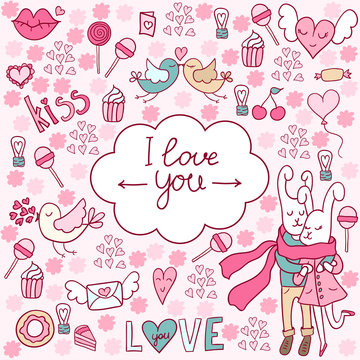 Valentine's Day doodles. Romantic hand drawn elements.Vector. Valentines day card