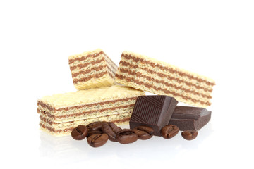 Wafer biscuit with chocolate flavor on white background