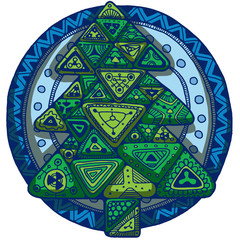 Vector Ethnic retro doodle round colored pattern with a christmas tree in the center on a white background.